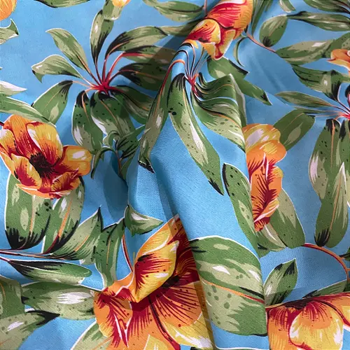 Tecido Chita Poliéster - Ramagem Floral Amarelo  Fundo Azul Claro - 1,50m de Largura