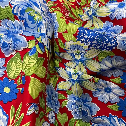 Tecido Chita Poliéster - Floral Azul  Fundo Vermelho - 1,50m de Largura