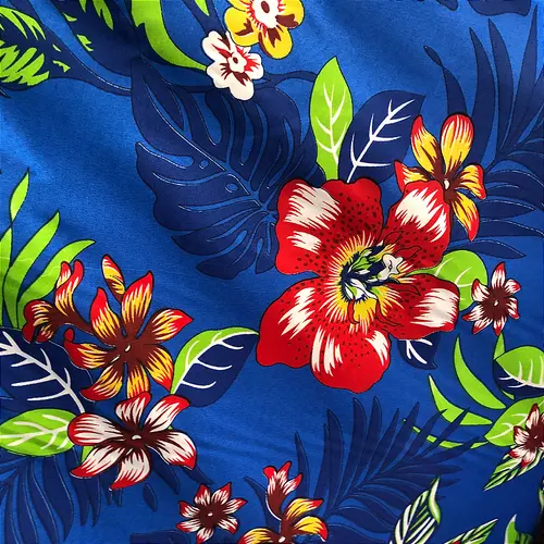 Tecido Chita Poliéster - Flor Pentagonal Vermelha Fundo Azul - 1,50m de Largura