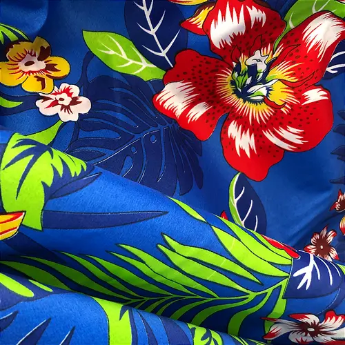 Tecido Chita Poliéster - Flor Pentagonal Vermelha Fundo Azul - 1,50m de Largura