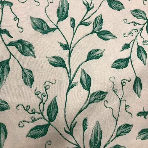 Percal 300 Fios Estampado Poliéster - Ramagem de Folhas Verdes Fundo Branco - 2,50m de Largura