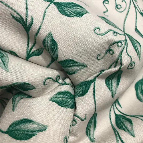 Percal 300 Fios Estampado Poliéster - Ramagem de Folhas Verdes Fundo Branco - 2,50m de Largura