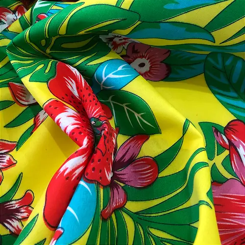 Tecido Chita Poliéster - Flor Fundo Amarelo - 1,50m de Largura
