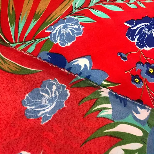 Tecido Chita Poliéster - Floral Azul Fundo Vermelho - 1,50m de Largura