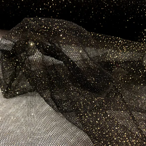 Tule Glitter - Preto Glitter Dourado - 1,47m de Largura