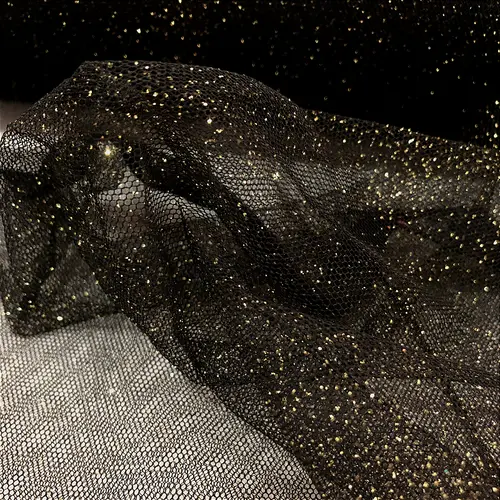 Tule Glitter - Preto Glitter Dourado - 1,47m de Largura