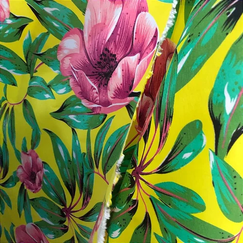 Tecido Chita Poliéster - Ramagem Floral Roxa Fundo Amarelo - 1,50m de Largura