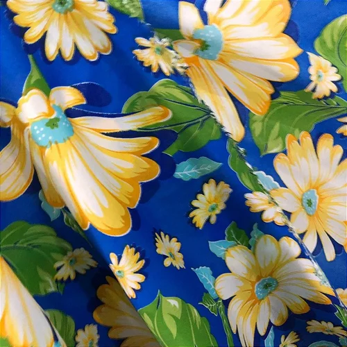 Tecido Chita Poliéster - Floral Amarelo Fundo Azul - 1,50m de Largura