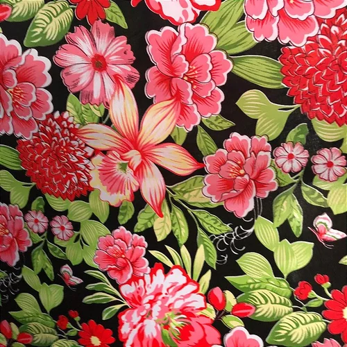 Tecido Chita Poliéster - Ramagem Floral Rosa Fundo Preto - 1,50m de Largura