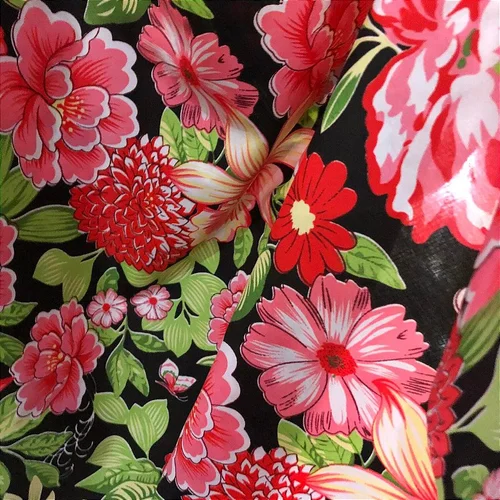 Tecido Chita Poliéster - Ramagem Floral Rosa Fundo Preto - 1,50m de Largura
