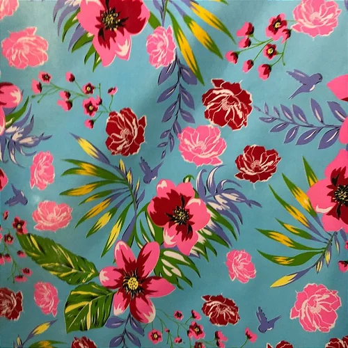 Tecido Chita Poliéster - Floral Rosa Fundo Azul Claro - 1,50m de Largura