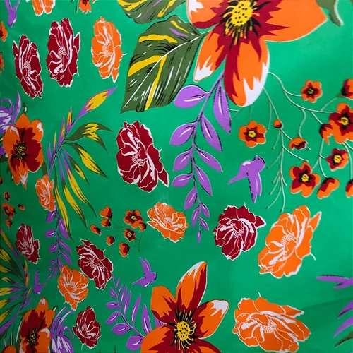 Tecido Chita Poliéster - Floral Laranja Fundo Verde - 1,50m de Largura