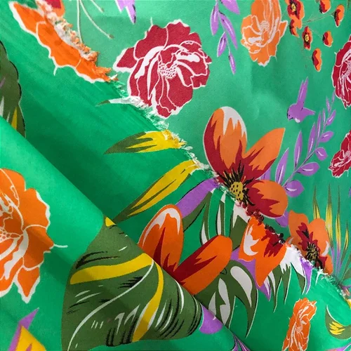 Tecido Chita Poliéster - Floral Laranja Fundo Verde - 1,50m de Largura