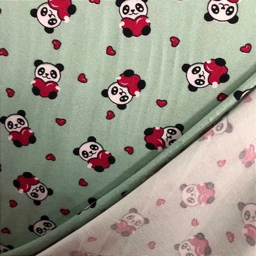 Malha Suede Pijama - Panda Fundo Verde - 1,60m de Largura
