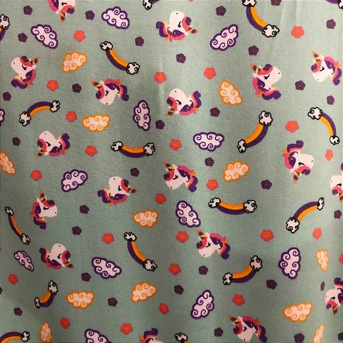 Malha Suede Pijama - Unicórnio Fundo Verde - 1,60m de Largura