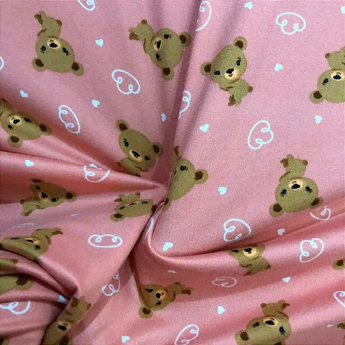 Malha Suede Pijama - Ursinho Fundo Rosa - 1,60m de Largura