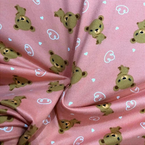 Malha Suede Pijama - Ursinho Fundo Rosa - 1,60m de Largura