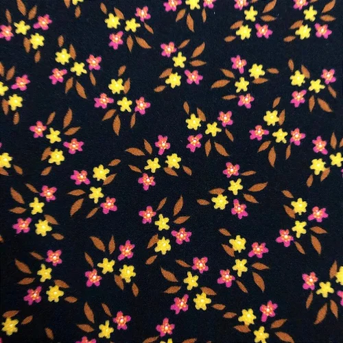 Malha Suede Pijama - Floral Fundo Preto - 1,60m de Largura
