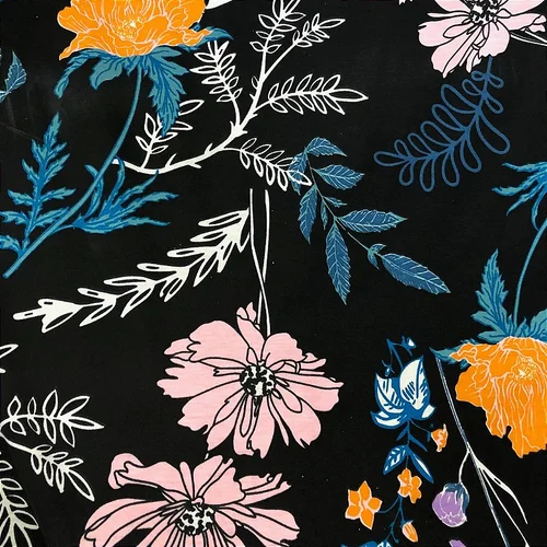 Viscolycra Estampada - Floral Rosa Fundo Preto