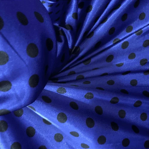 Cetim Estampado - Poá Médio Bolinha Preta Fundo Azul Royal