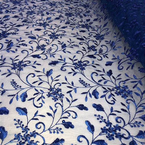 Renda Tule Bordado com Pérolas - Ramagem Azul Royal