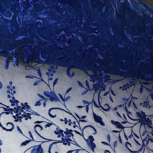 Renda Tule Bordado com Pérolas - Ramagem Azul Royal