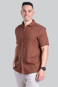 Camisa Viscolinho Manga Curta Marrom | Traje Urbano - imagem 2
