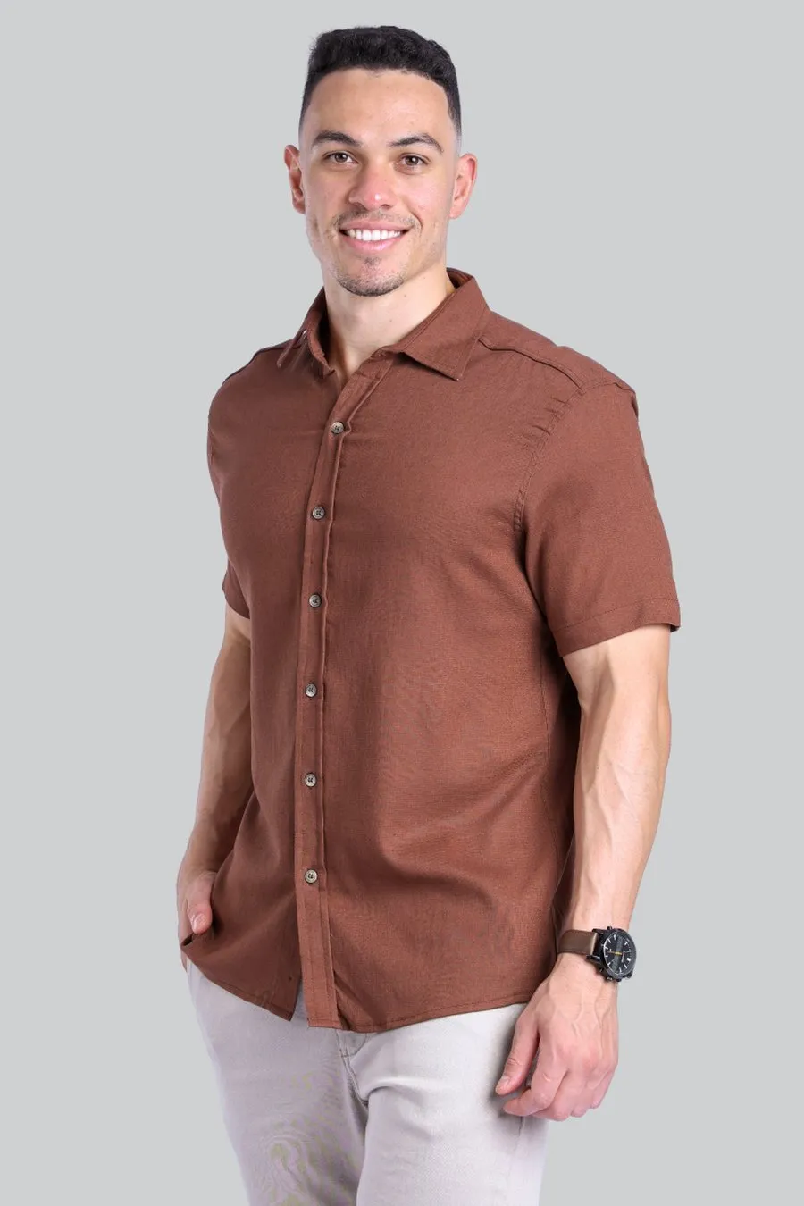 Camisa Viscolinho Manga Curta Marrom