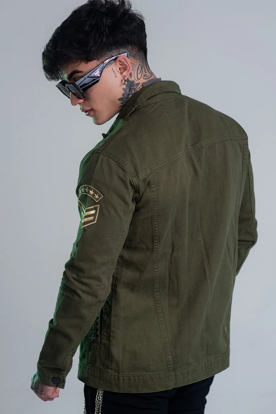 Jaqueta Jeans Verde Militar Slim Fit Bordada