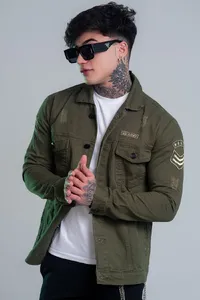 Jaqueta Jeans Verde Militar Slim Fit Bordada | Traje Urbano - imagem 3