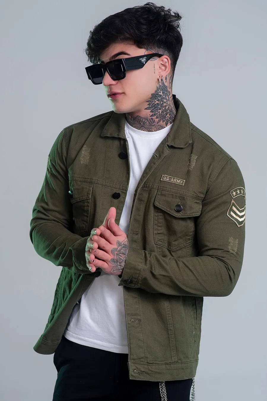 Jaqueta Jeans Verde Militar Slim Fit Bordada | Traje Urbano