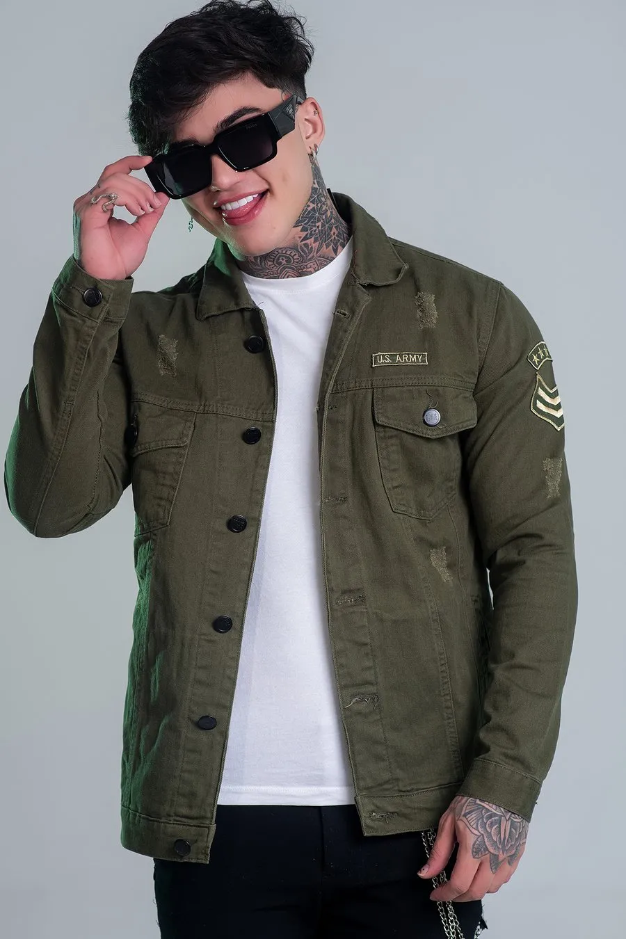 Jaqueta Jeans Verde Militar Slim Fit Bordada