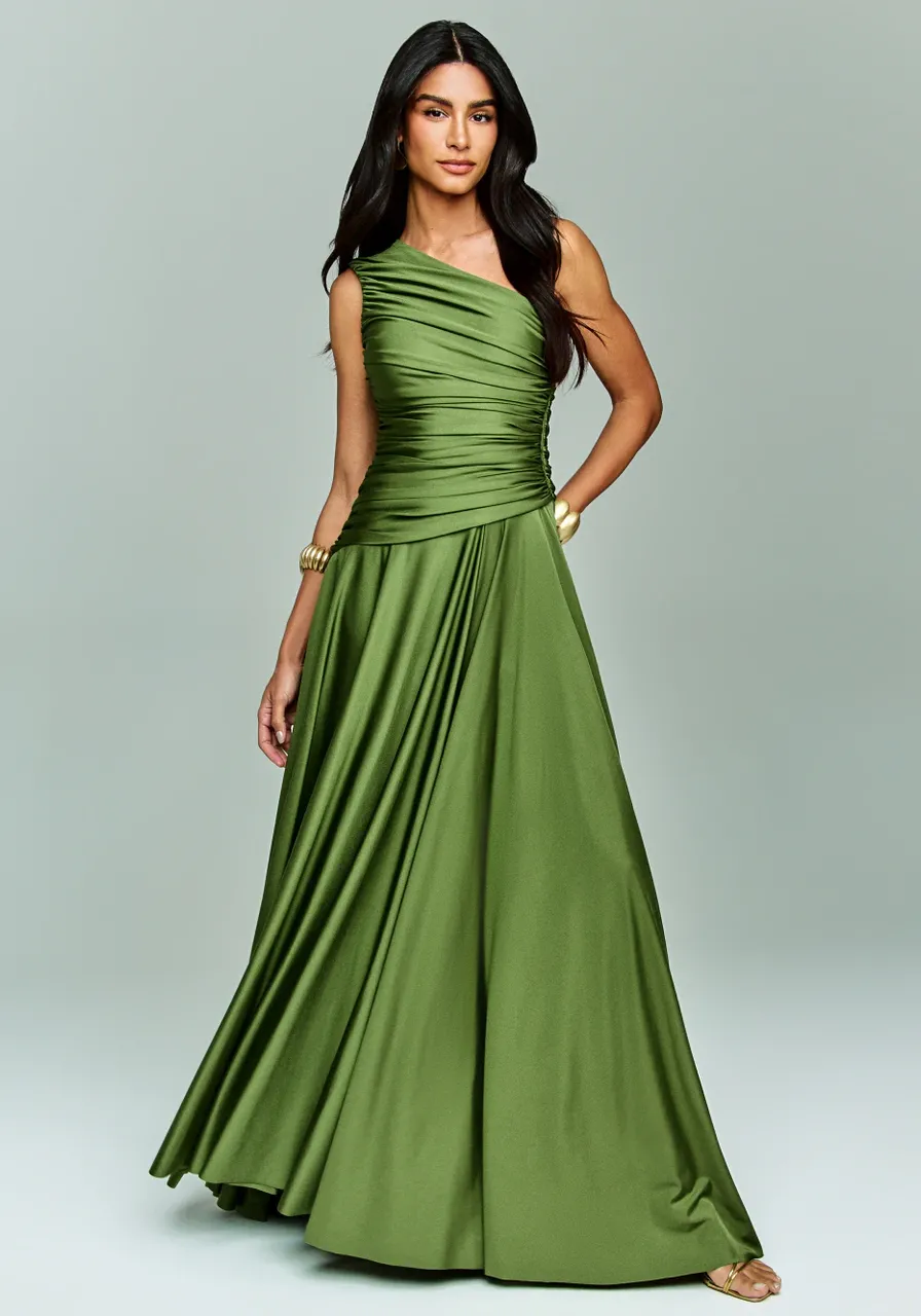 Vestido de Festa Um Ombro Só Drapeado Verde Oliva Liverpool