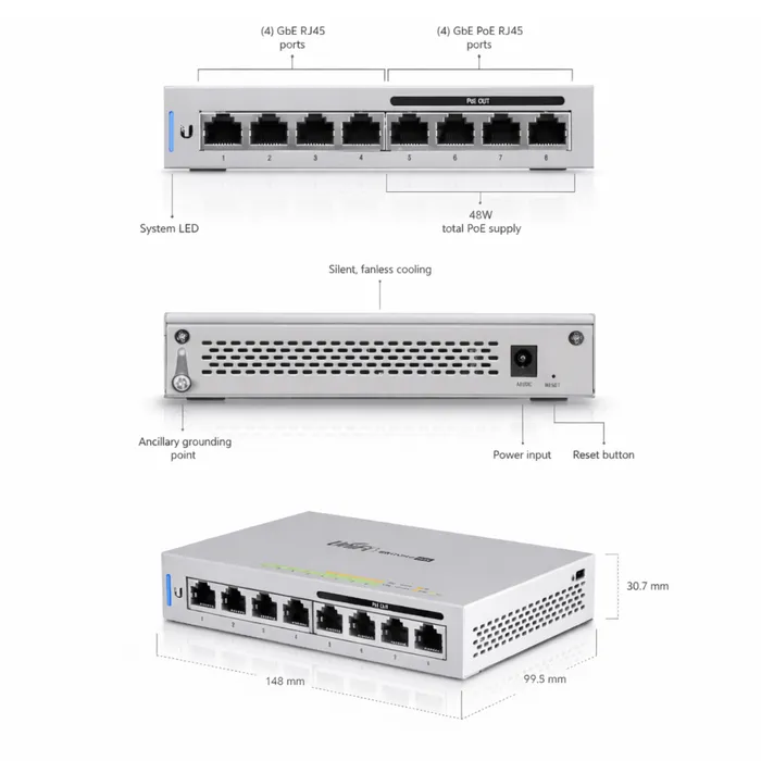 Switch Ubiquiti UniFi 8 Portas Gigabit PoE US-8-60W RJ45