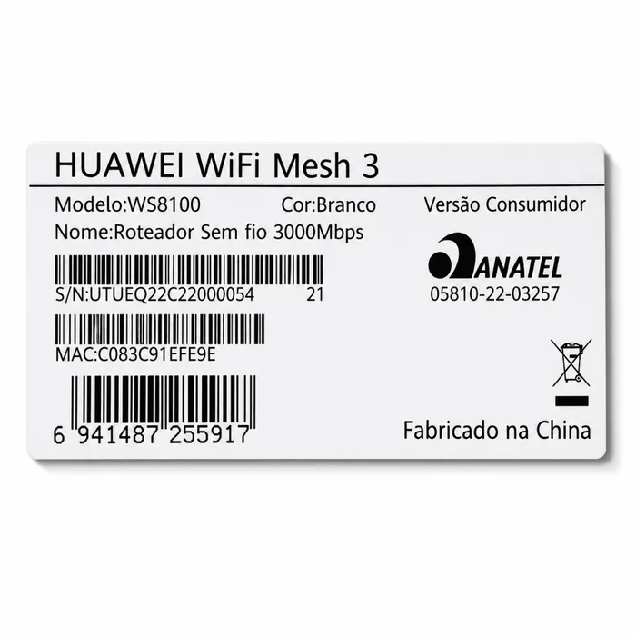 Roteador Huawei WiFi 6 AX3000 Mesh WS8100 Dual Band Gigabit