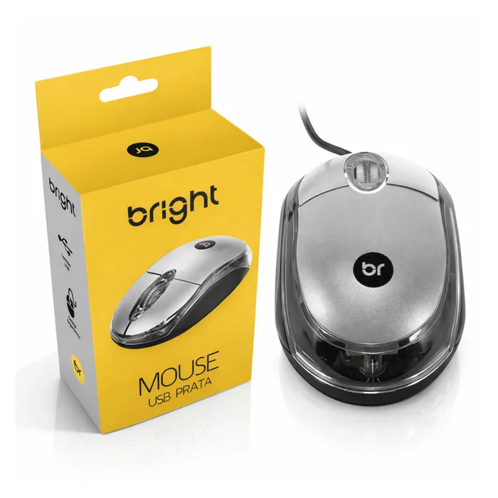 Mouse USB Bright 800 DPI Óptico Com Fio Design Ergonômico Plug and Play - Prata