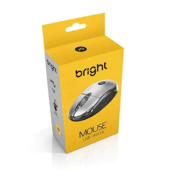 Mouse USB Bright 800 DPI Óptico Com Fio Design Ergonômico Plug and Play - Prata
