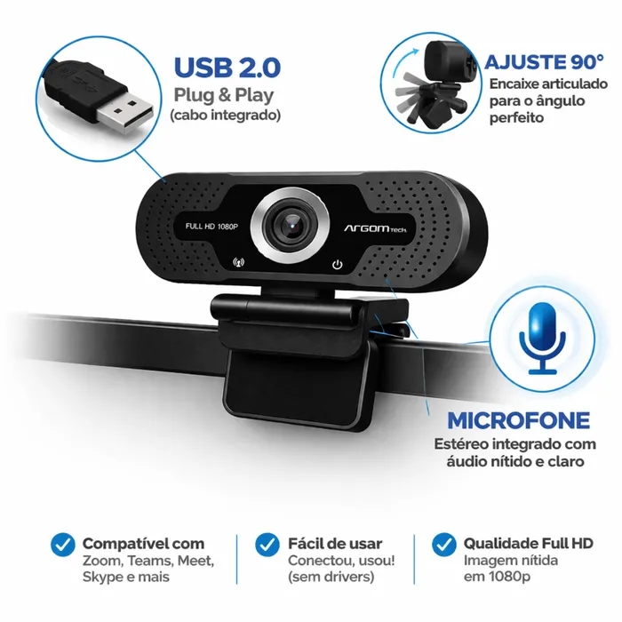 Webcam Argom Tech ARG-WC-9140BK Full HD 1080p Com Microfone USB - Preta