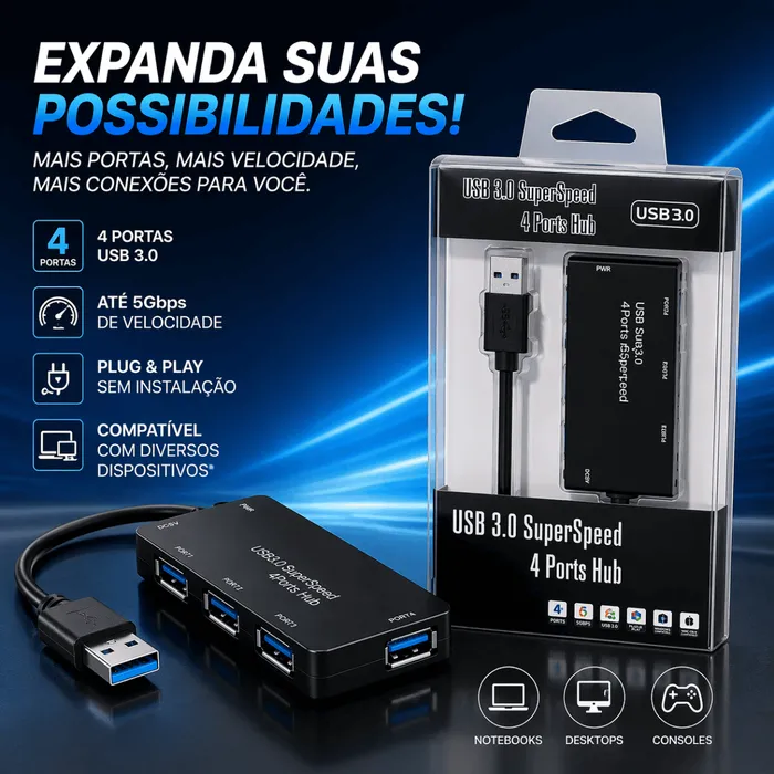 Hub Adaptador USB 3.0 4 Portas 5Gbps DEX BYL-3013 Alta Velocidade