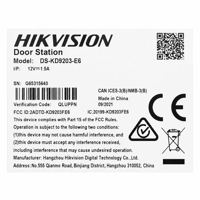Interfone IP Hikvision DS-KD9203-E6 Vídeo Reconhecimento Facial