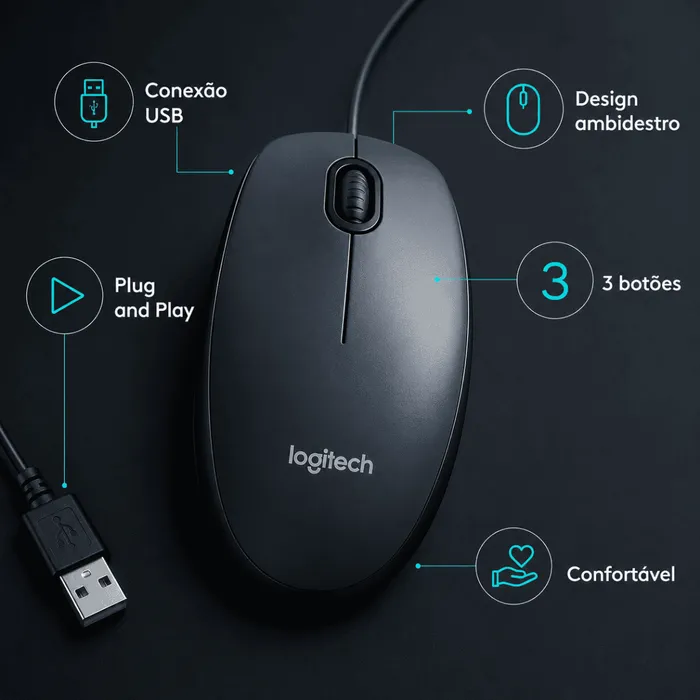 Mouse Logitech M90 USB Óptico 1000 DPI Ambidestro - Preto