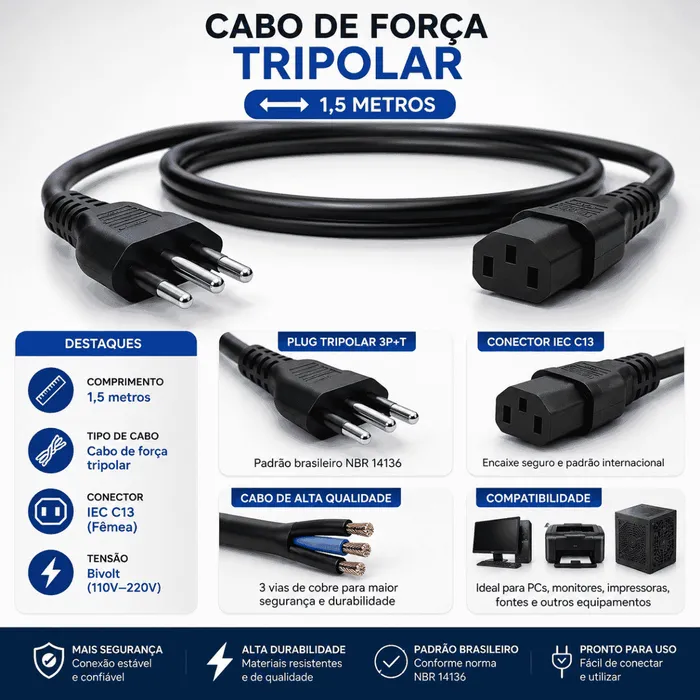 Cabo de Força Tripolar King Cord KC-059 1,8m 10A IEC C13