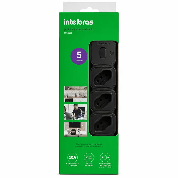 Filtro De Linha Extensão Intelbras EPE 2005 PR 5 Tomadas Bivolt 1m