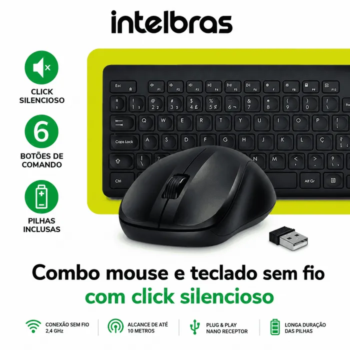Kit Combo Teclado  Mouse Sem Fio Intelbras CSI50 ABNT2 USB - Preto