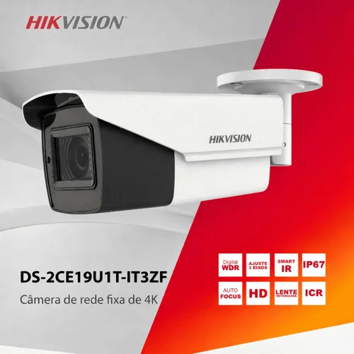 Câmera Hikvision 4K 8MP DS-2CE19U1T-IT3ZF Bullet Varifocal Motorizada 2.7-13.5mm IR 80m IP67 4 em 1 TVI AHD CVI CVBS