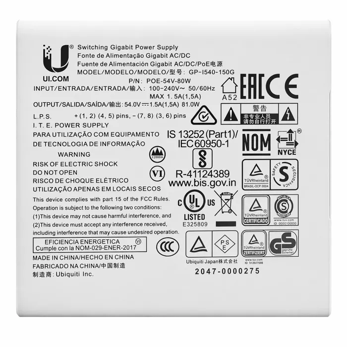 Fonte PoE Injetor Ubiquiti 54V 80W Gigabit POE-54-80W EdgePoint