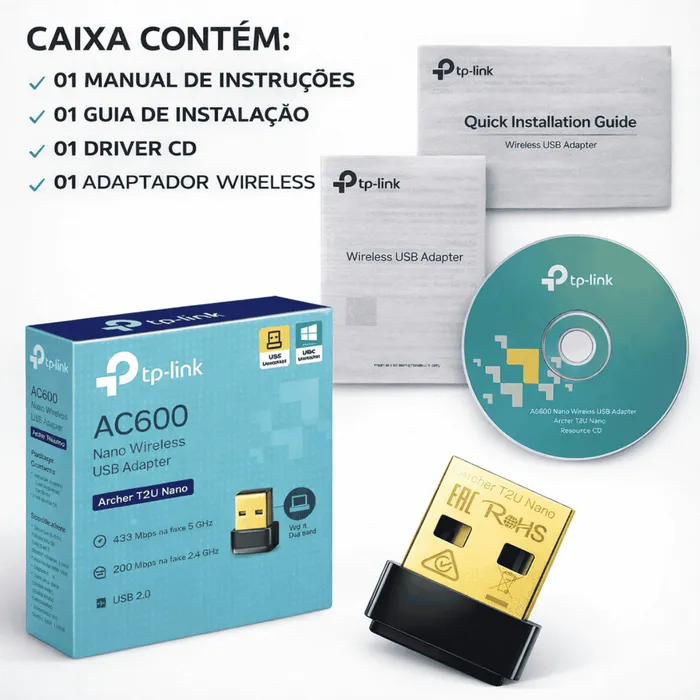 Adaptador WiFi USB TP-Link Archer T2U Nano AC600 Dual Band 2.4GHz 5GHz 600Mbps