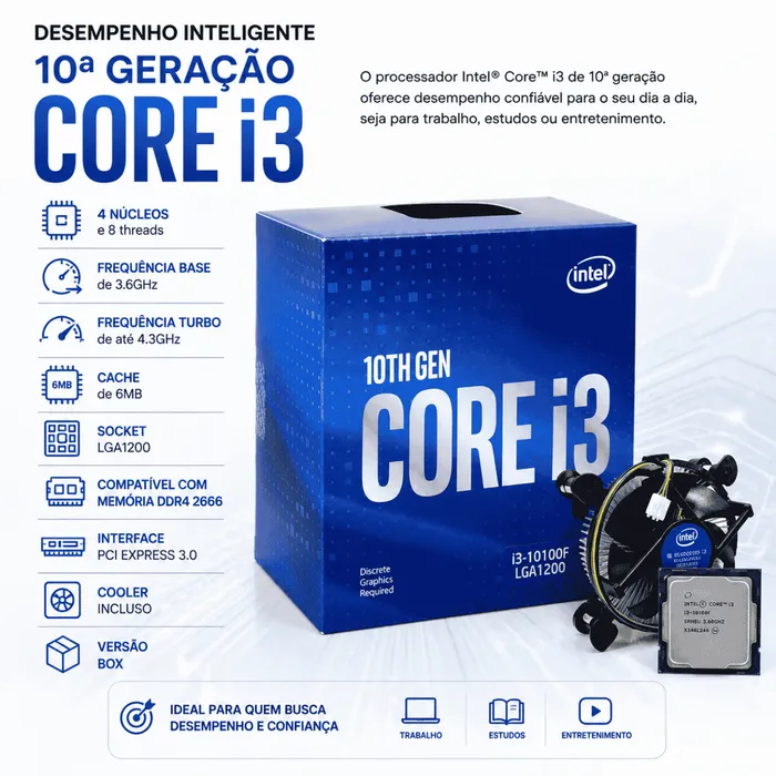 Processador Intel Core i3-10100F LGA1200 - 3.6GHz Turbo 4.3GHz 6MB Cache + Cooler