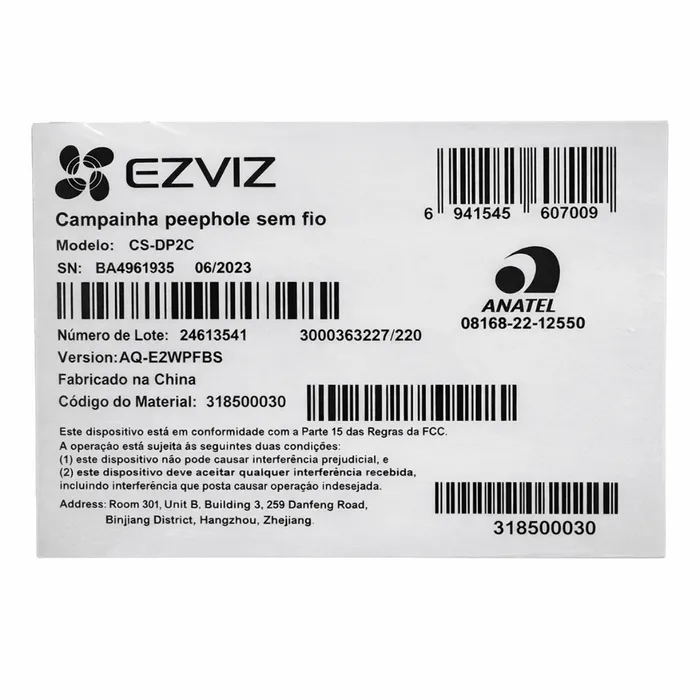 Câmera Olho Mágico WiFi EZVIZ DP2C 2MP 1080p Campainha Sem Fio Tela 4,3