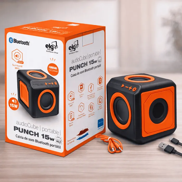 Caixa Som Bluetooth ELG Punch 15W RMS 360° Surround Portátil Resistente Respingos  Bateria Até 5h Anatel